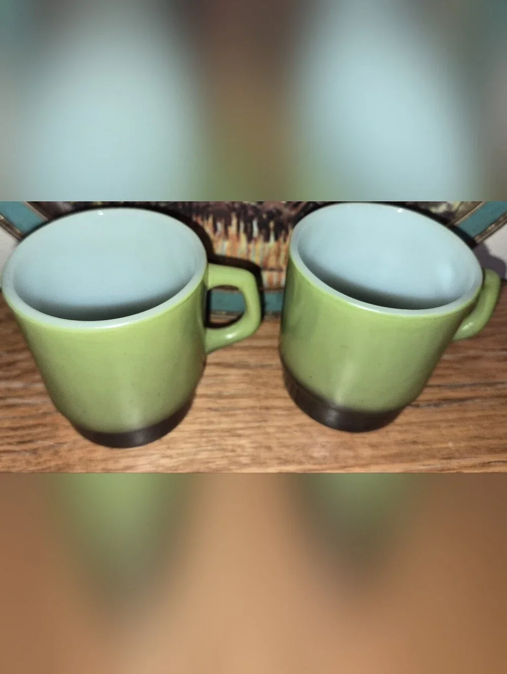 2 Vintage Anchor Hocking Fire-King stacking coffee mugs, avocado green & Black